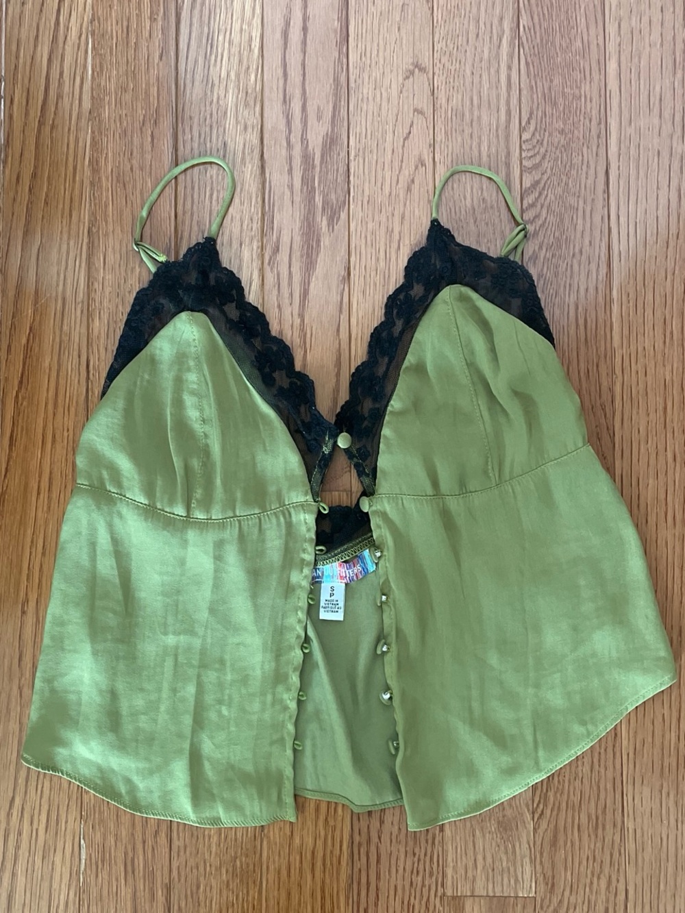 Urban Outfitters Olive Green Satin Slip with Black Lace Trim